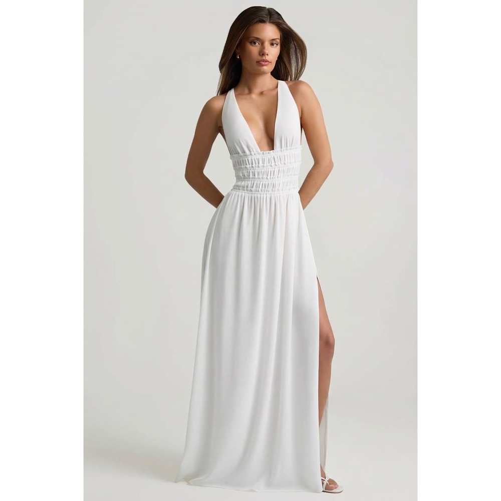 Oh Polly Pryana White Plunge‎ Cross Back Maxi Dress NWT Size US 2